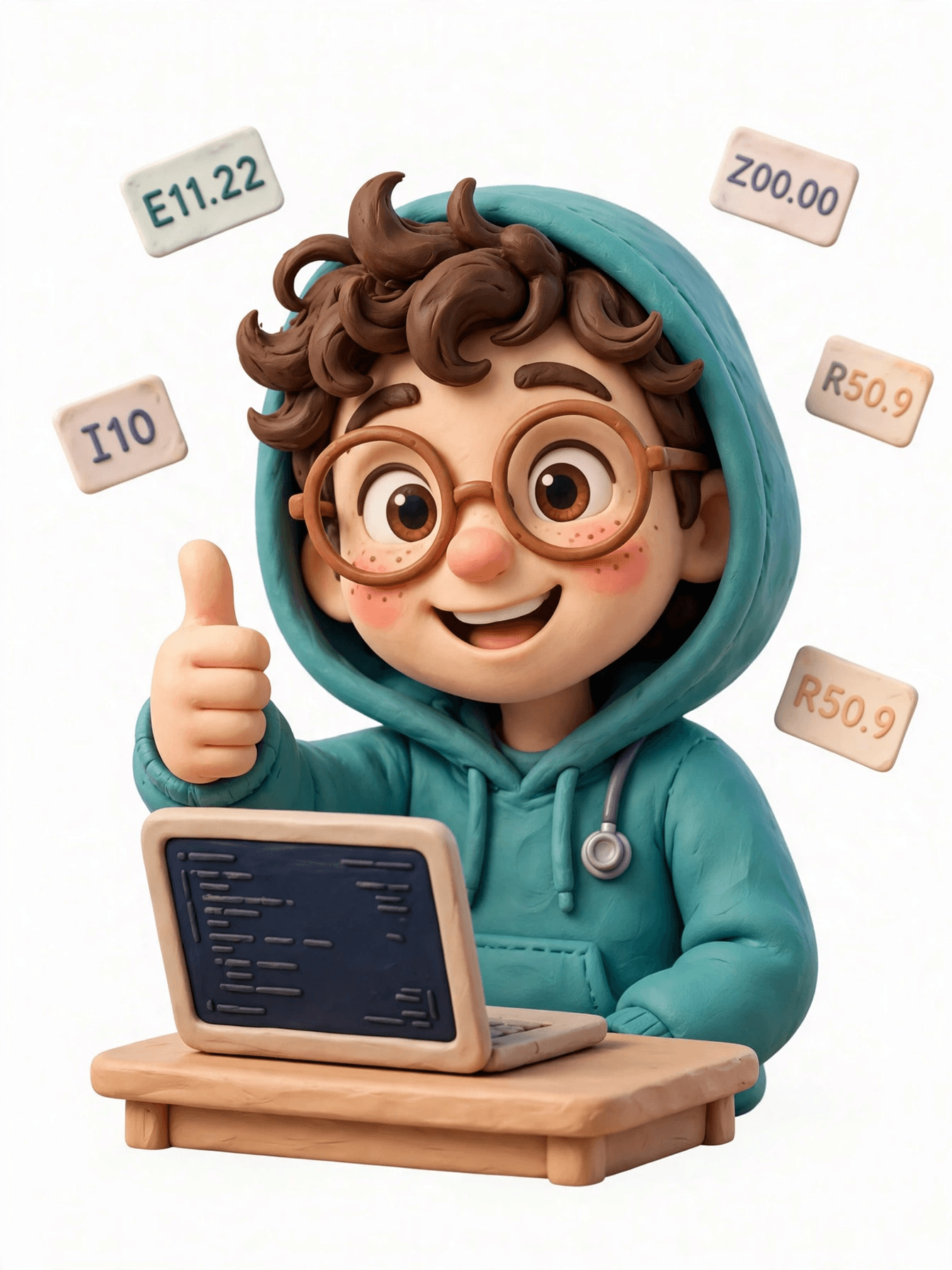 Friendly 3D character of a medical coder giving a thumbs up beside a laptop with floating code cards